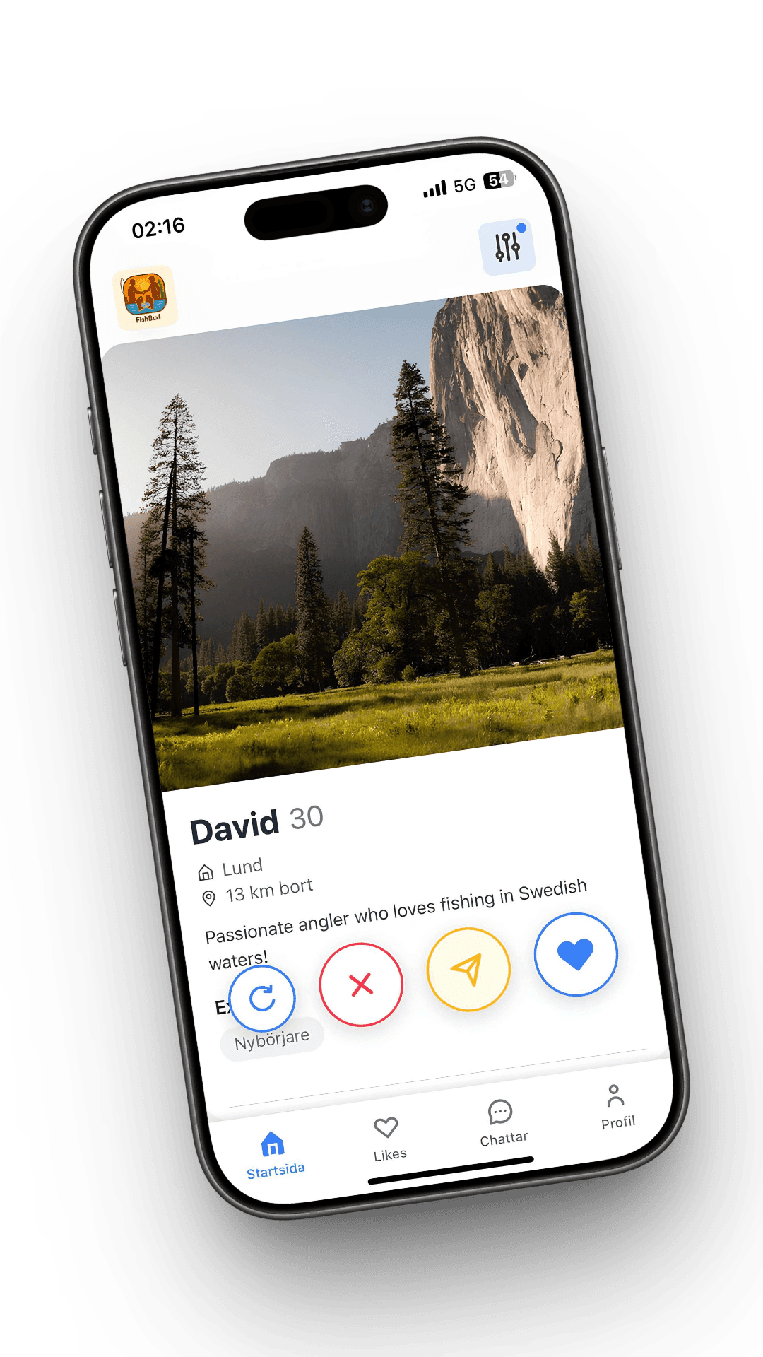 FishBud mobile app interface showing fishing buddy matching and profile features on iPhone