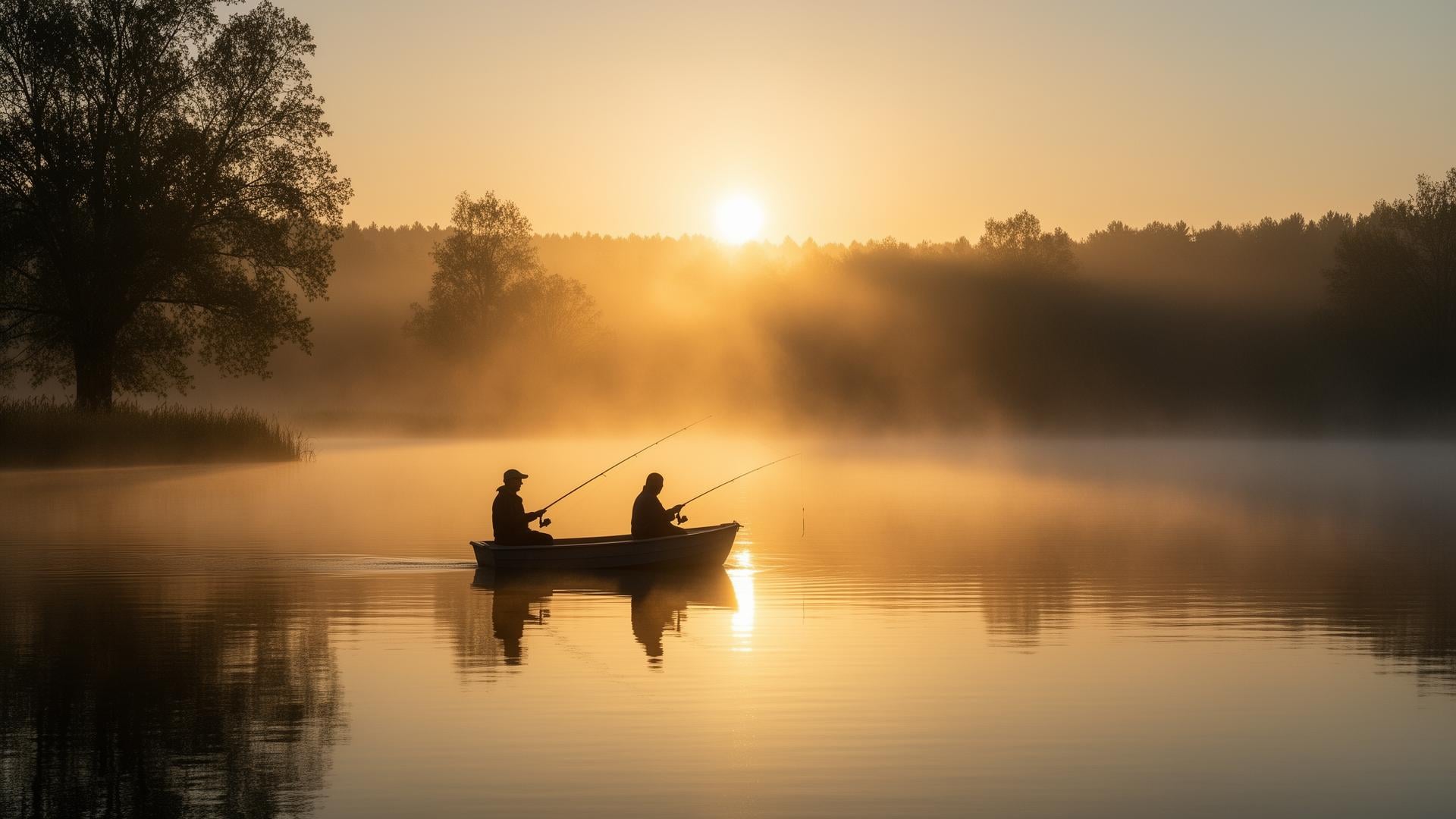 Two fishing buddies enjoying early morning fishing at sunrise by the lake - FishBud connects anglers
